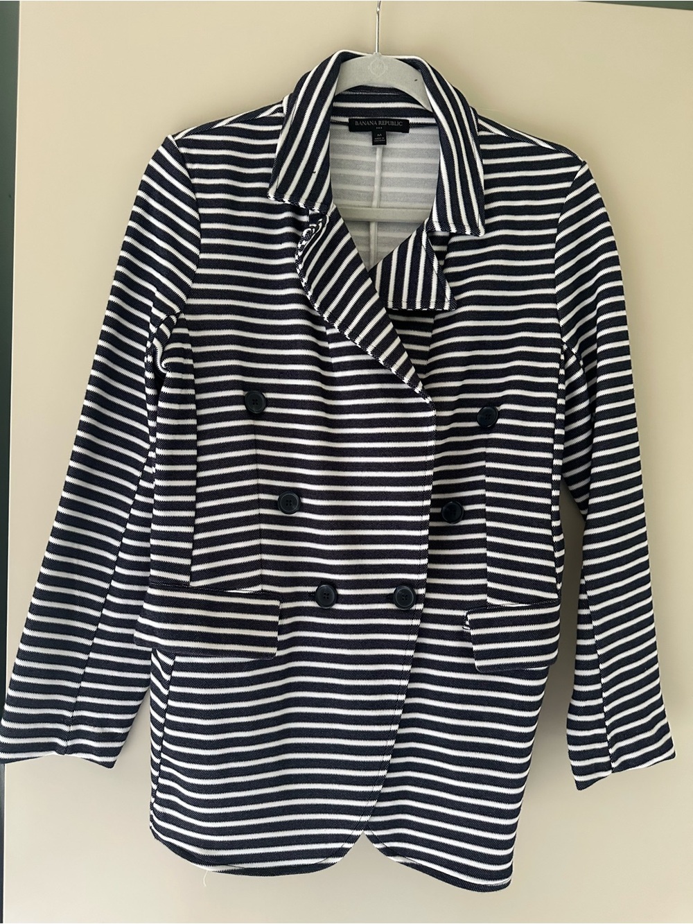 Banana Republic Navy and White Striped Double-Breasted Blazer
